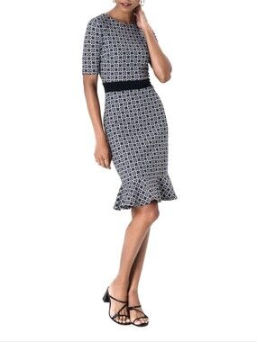 Leota Black and White Geometric Midi Dress